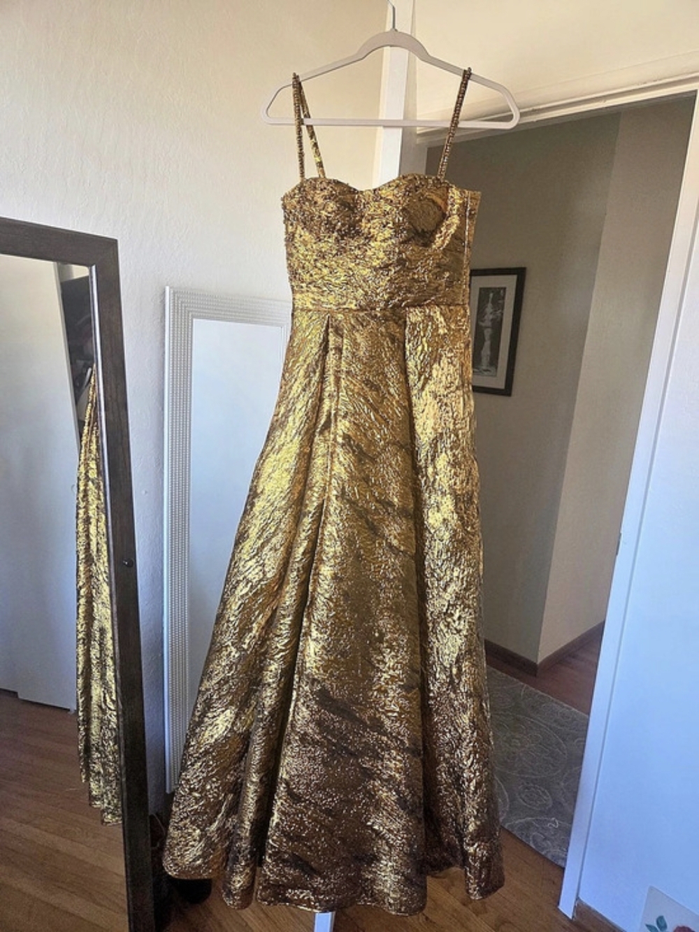 Teuta Matoshi Autumn Leaves Gown Gold Metallic Formal Dress